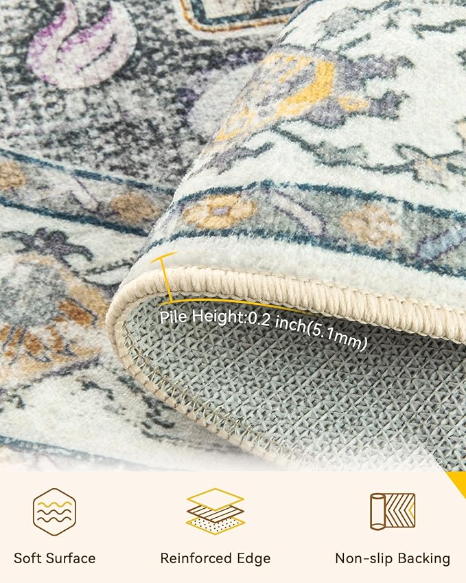 RELEANY Area Rugs Round 5ft Washable Non-Slip, Floral Vintage Distress Medallion Carpet for Living Room Bedroom Dining Room, Beige Carbon Grey Orange