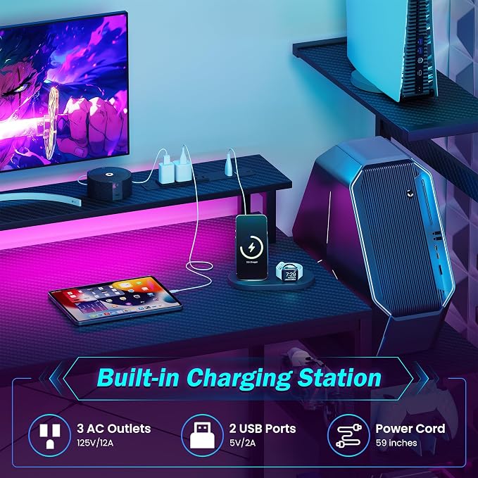 59 Inch Gaming Desk with LED Lights and Power Outlets, Computer Desk with Storage Shelves, Fabric Drawers, Monitor Stand & Side Hook, Reversible Gamer Table for Home Office, Carbon Fiber Black