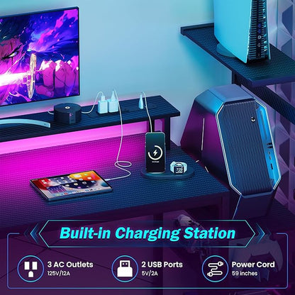 51 Inch Gaming Desk with LED Lights and Power Outlets, Computer Desk with Storage Shelves, Fabric Drawers, Monitor Stand & Side Hook, Reversible Gamer Table for Home Office, Carbon Fiber Black