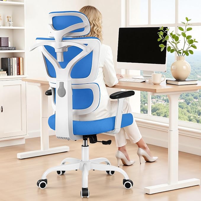 Ergonomic Office Chair High Back Desk Chair with Lumbar Support, Breathable Mesh Computer Chair with Adjustable Armrests Height, Reclining Swivel Big and Tall Gaming Chair for Home Office(Sky Blue)