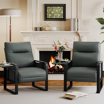 Alunaune Upholstered Living Room Chair Armchair, Mid Century Faux Leather Metal Accent Chair, Reception Couch Slipper Club Lounge Chair Guest Comfy Single Sofa with Sidetable for Bedroom-Dark Grey