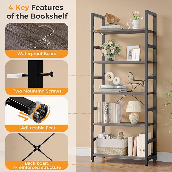 DUMOS 5-Tier Bookshelf, Modern Tall Bookcase, Open Storage Display Shelf for Living Room, Bedroom, Home Office, Narrow Standing Shelving Unit for Books, CDs, Décor，Wood Grey