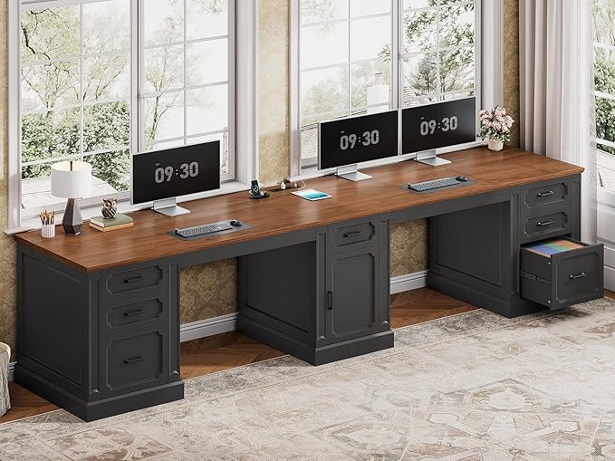 SEDETA Farmhouse 110.3" Two Person Desk with 7 Drawers, Long Computer Desk with Storage Cabinet, 2 Person Desk with Power Outlets for Home Office, Black+Brown