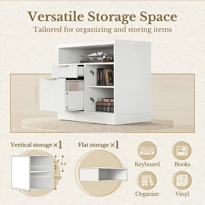 2 Drawer File Cabinet, 32'' Lateral File Cabinet with Lock and AC/USB for Letter/A4 Size, Wood Filing Cabinet with Storage Shelves for Home Office, White