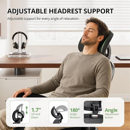Ergonomic Office Chair 330 lb with Wheels, Lumbar Support & Headrest | Flip-Up Arms,Back Support,Gaming chairs,Breathable Mesh,2D Headrest