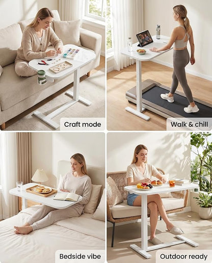 Marsail 32×16″ Overbed Table with Hidden Wheels, Pneumatic Adjustable Bedside Table, Mobile Rolling Table with 360° Hideable Cup Holder, White