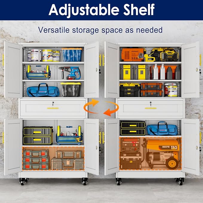 erosoei 75" H Metal Garage Storage Cabinet, Rolling Tool Cabinet | with 2 Doors and Wheels, Locker Steel Cabinet with 4 Adjustable Shelves and Drawer, Organization Cabinet for Garage,Home,Gym