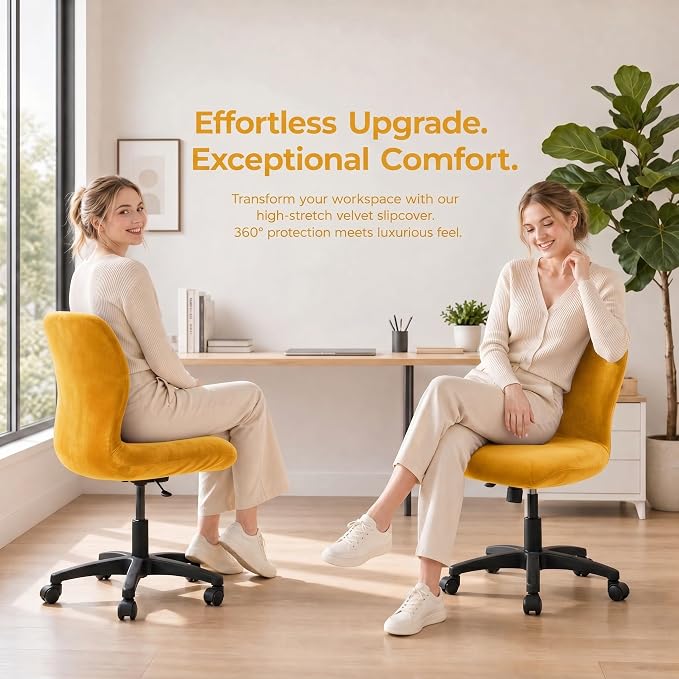 Deisy Dee Velvet Stretch Armless Office Chair Covers - Colorful Stretch Slipcover for Desk Chairs (Golden Yellow)