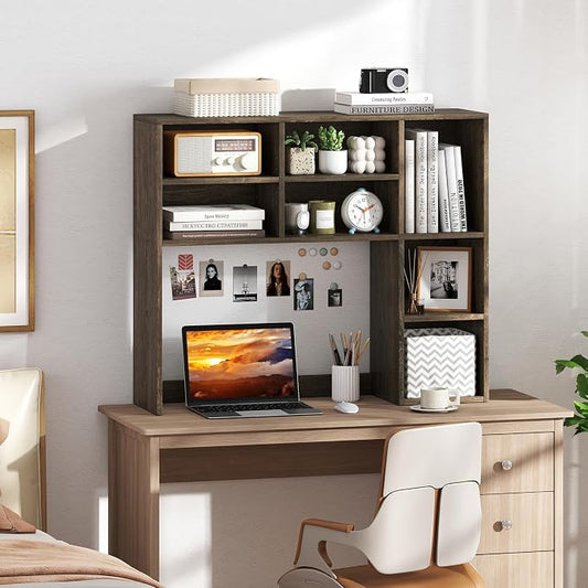 GOFLAME 7 Cubes Desktop Bookshelf, 37” Desk Organizer Shelf with 3 Adjustable Shelves, 3-Tier Wood Countertop Display Rack, Multipurpose Tabletop Desk Hutch for Dorm, Home Office, Gray
