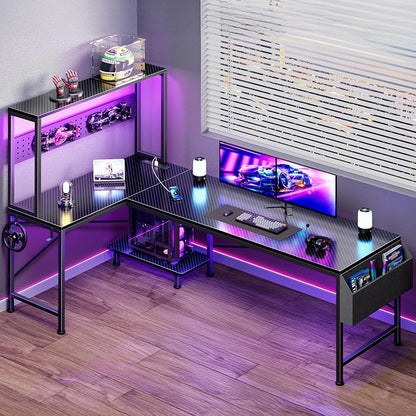 PRAISUN L Shaped Gaming Desk with LED Lights & Power Outlets, Reversible Computer Desk with Storage Shelves & Bag, Large Corner Home Office Desk with Pegboard for Work from Home, Carbon Fiber Black