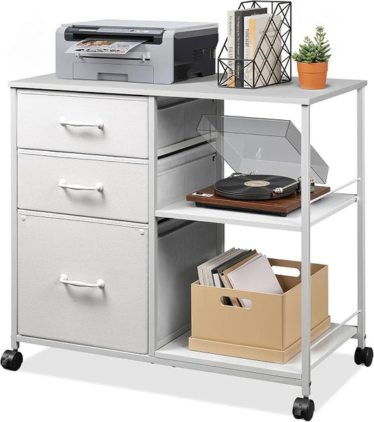 DEVAISE 3 Drawer Mobile File Cabinet, Rolling Printer Stand with Open Storage Shelf, Fabric Lateral Filing Cabinet fits A4 or Letter Size for Home Office, White