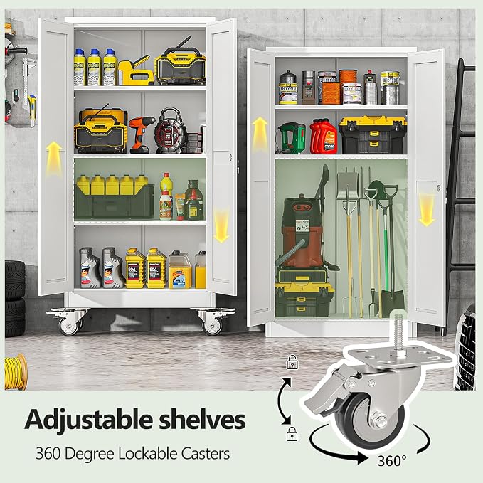 Metal Garage Storage Cabinets and storage system, 61”Tall Rolling utility cabinet with Wheels, Lock, 3 Adjustable Shelves, Heavy Duty Steel Tool Locker for Home Office, Utility Room, Gym,White