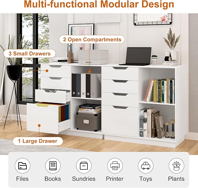 TQVAI 4 Drawer Filing Cabinet Organizer with 2 Open Shelves, Heavy Duty for Storing Letter A4 Size and Printer, Wood Lateral File Cabinets for Home Office, Hanging Files, White, Easy Assembly