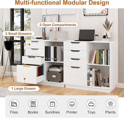 TQVAI 4 Drawer Filing Cabinet Organizer with 2 Open Shelves, Heavy Duty for Storing Letter A4 Size and Printer, Wood Lateral File Cabinets for Home Office, Hanging Files, White, Easy Assembly