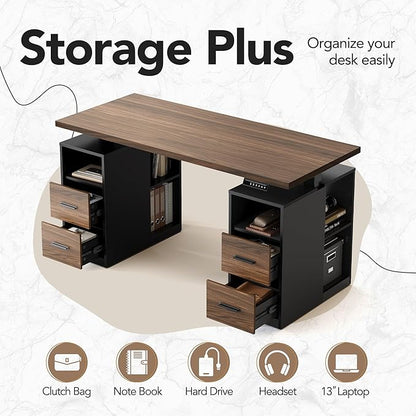 HUANUO 55" Standing Desk with Drawers, Executive Electric Height Adjustable Stand Up Desk with Storage, Black Walnut