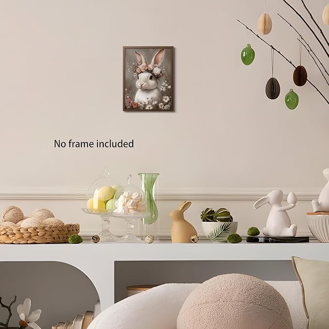 WIARTSH Vintage Easter Bunny Wall Art Poster, White Bunny with Flower Crown Canvas Prints, Cottage Farmhouse Animal Artwork, Rustic Easter Wall Decor for Kids Room Bedroom Living Room 8x10in Unframed