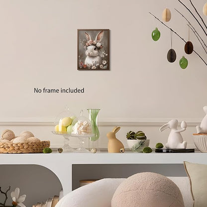 WIARTSH Vintage Easter Bunny Wall Art Poster, White Bunny with Flower Crown Canvas Prints, Cottage Farmhouse Animal Artwork, Rustic Easter Wall Decor for Kids Room Bedroom Living Room 8x10in Unframed