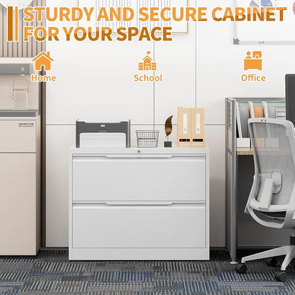 2-Drawer Metal File Cabinet with Lock,Steel Printer Stand with Storage for Home Office,Lateral Filing Cabinet for Legal/Letter/A4 Files,Assembly Required(35.43''W-2 Drawers,White)