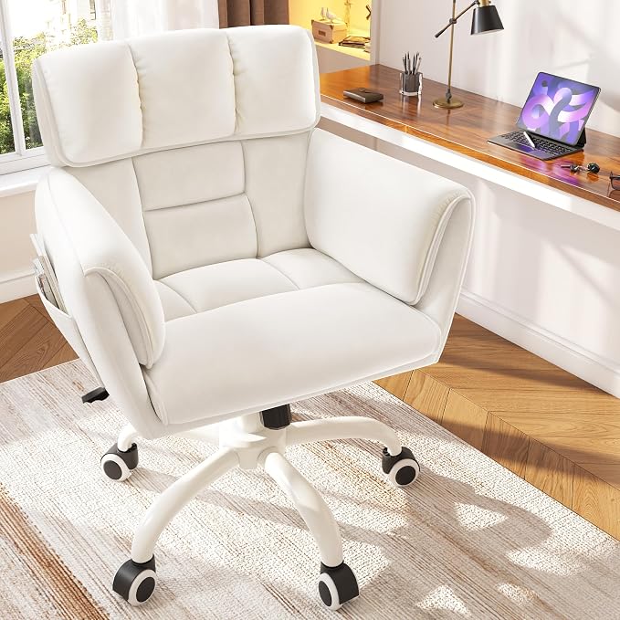 DurayLoly Home Office Chair with Wheels Soft-Touch Material,Modern Cute Vanity Chair with Back Adjustable Height Upholstered Comfy Desk Chairs with Side Pockets for Bedroom,White