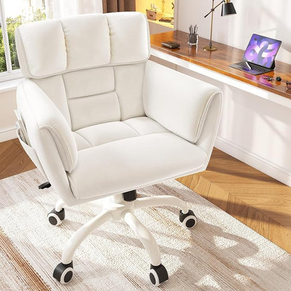DurayLoly Home Office Chair with Wheels Soft-Touch Material,Modern Cute Vanity Chair with Back Adjustable Height Upholstered Comfy Desk Chairs with Side Pockets for Bedroom,White