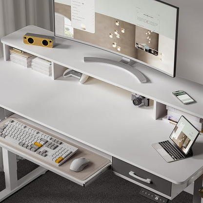 WALKINGDESK 55 Inches Electric Standing Desk with Keyboard Tray, Height Adjustable Sit to Stand Table with 2 Drawers, Ergonomic Home Office Desk with Storage Shelf, Computer Table, White