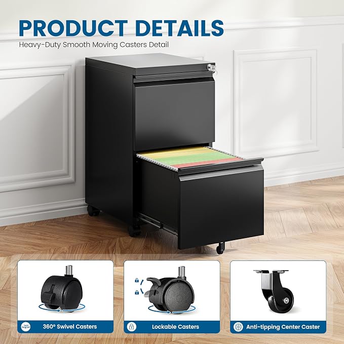 PEUKC 2 Drawers Mobile File Cabinet with Lock, Under Desk Rolling File Cabinet for Home Office, Organizes Letter Legal A4 Files, Black(Pre-Assembled)