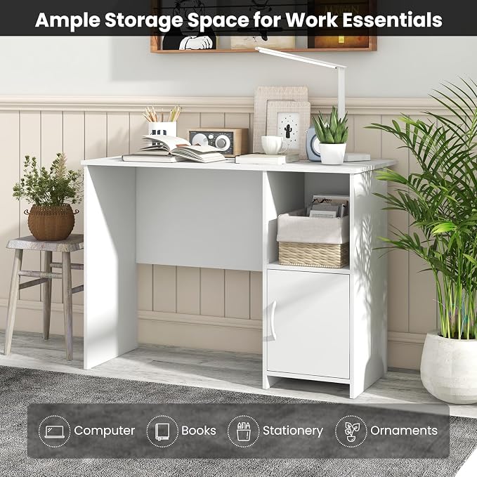 COSTWAY 42” White Home Office Desk, Modern Computer Workstation with Open Compartment & Cabinet, Compact Writing Desk with Cable Holes for Bedroom, Study Room, Dorm