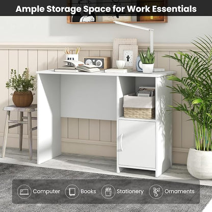 COSTWAY 42” White Home Office Desk, Modern Computer Workstation with Open Compartment & Cabinet, Compact Writing Desk with Cable Holes for Bedroom, Study Room, Dorm
