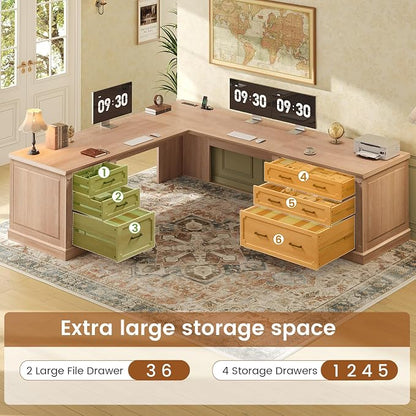 SEDETA Farmhouse 78.8" L Shaped Desk with 6 Drawers, Home Office Desk with Power Outlet, File Cabinet Storage, Wood Corner Computer Desk for Work and Study, Oak