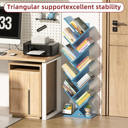 SHEEPAM 10 Tier Tree Book Shelf, Floor Standing Wood Bookshelf for Narrow Space, Storage Organizer Bookshelves for Books/CDs/Magazine, Bookcase with Shelves for Home Office, Living Room - Pure Blue