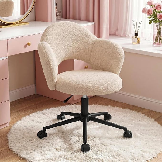 Homkdom Petal Vanity Chair with Wheels, 3.94" Thick Comfy Desk Chair, Swivel Armless Chair with Open Back and Adjustable Height, Ideal for Makeup Study Work and Relaxation, Creamy Beige