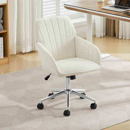 YITAI Velvet Office Desk Chair with Wheels and Silver Base,Modern Height Adjustable 360 Degree Swivel Upholstered Vanity Chairs with Arms for Living Room Bedroom, Study,White