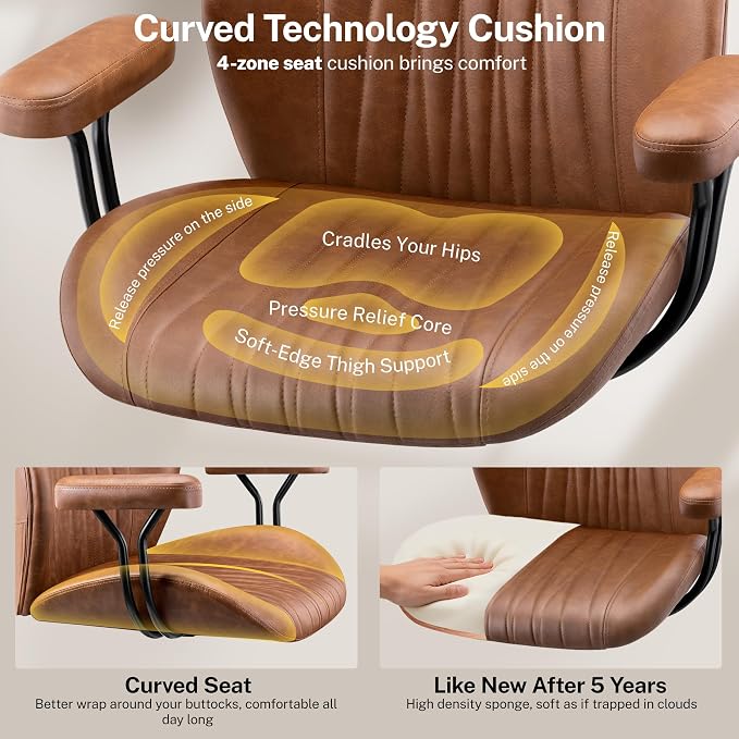 HeroSet Leather Office Chair with Removable Armrests, Mid Back Ergonomic Desk Chair with Lumbar Support, Adjustable Height Rocking Swivel Executive Chair for Home Office, Brown
