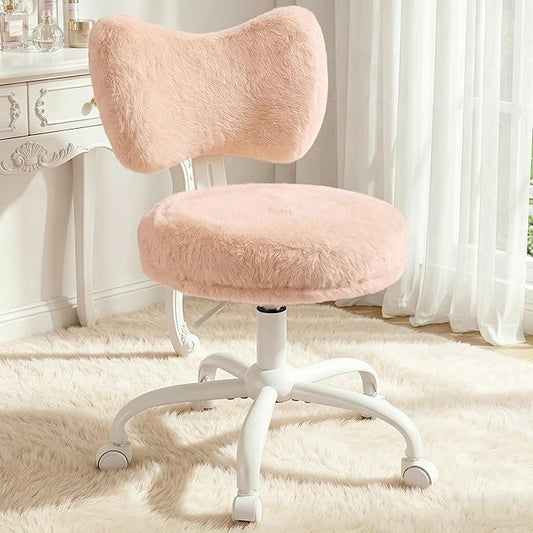 Homkdom Vanity Chair with Wheels, Cute Desk Chair with Bow Backrest, Fluffy Faux Rabbit Fur Small Office Chair for Vanity, Make-up Room, Bedroom, Dorm, Height Adjustable, Orange Pink