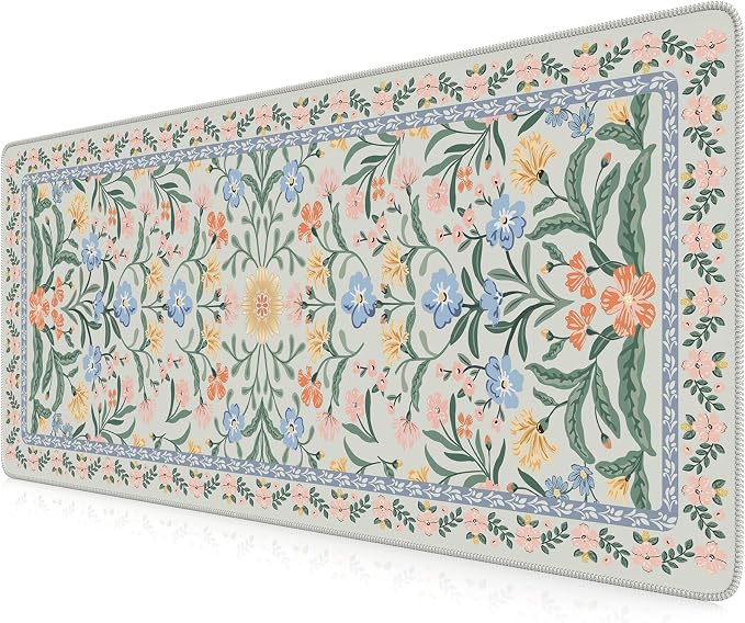 iCasso Aesthetic Floral Desk Mat, L Mouse Pads, Anti-Slip Mousepad with Stitched Edges, Waterproof Computer Pad 11.8"x31.5", Green Desk Accessories Office Decor for Women(Green Floral)