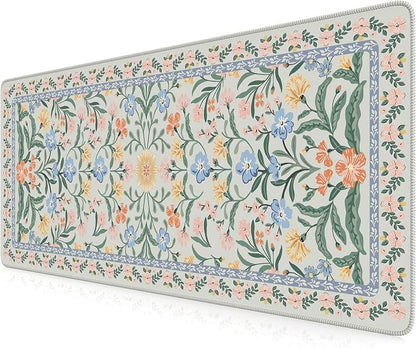 iCasso Aesthetic Floral Desk Mat, L Mouse Pads, Anti-Slip Mousepad with Stitched Edges, Waterproof Computer Pad 11.8"x31.5", Green Desk Accessories Office Decor for Women(Green Floral)