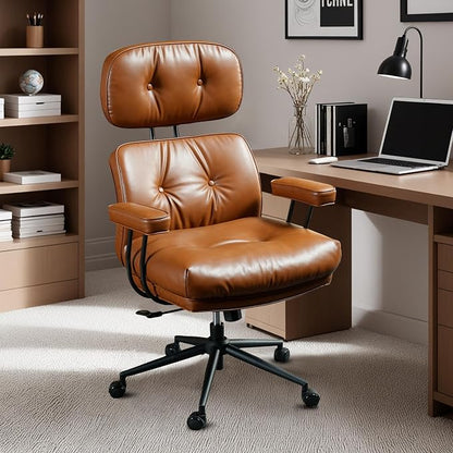 Home Office Chair,Ergonomic Computer Chair with Lumbar Support Adjustable Height,Mid-Century Modern Office Chair with Rolling Swivel Chair for Home Office Game Study(PU Leather Chair,Brown)