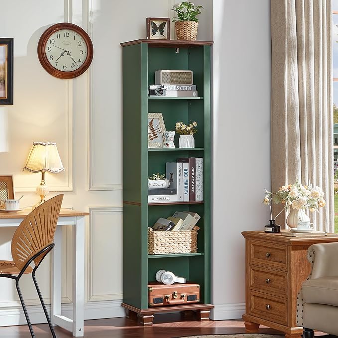 SAVOR LIFE Narrow Green Book Shelf, 70" Tall Skinny Bookshelf with Adjustable Shelves & Wooden Legs, Farmhouse Wood Bookcase w/5-Tier Open Storage, Free Standing Book Case for Office,Living Room,3PCS