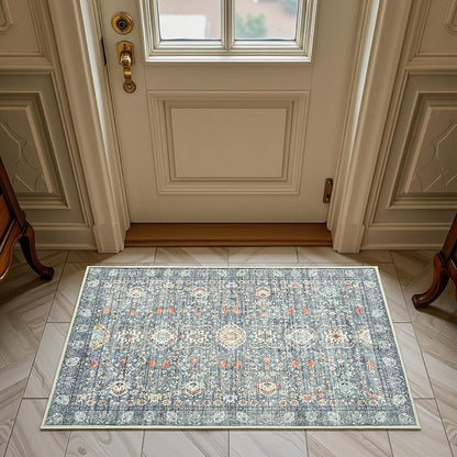 Goideal Washable Rug 2x3, Vintage Area Rugs Non Slip, Indoor Low Pile Carpet with Rubber Backing for Kitchen Bathroom Entryway Office Bedroom,Grey & Rust