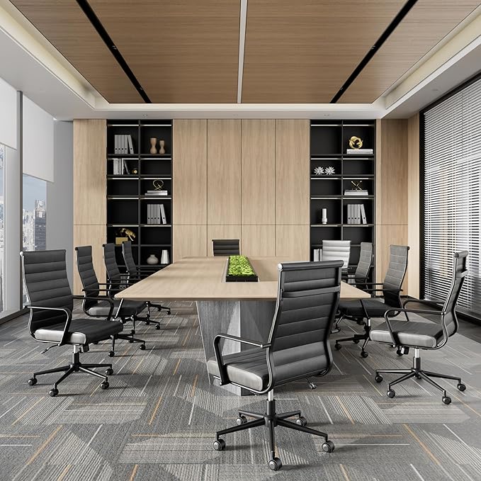 Okeysen Genuine Leather Office Chair, Mid-Century Modern Real Leather Conference Room Chairs, Ergonomic Executive Ribbed Height Adjustable Swivel Rolling Desk Chair for Home Office.