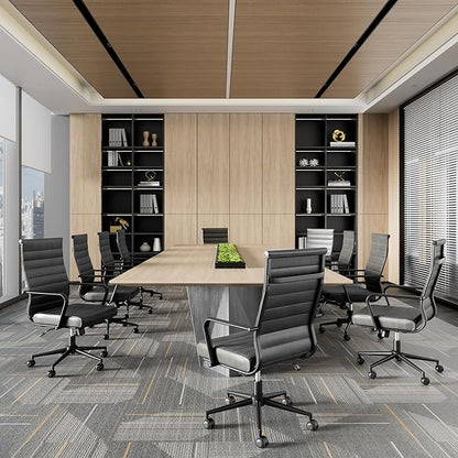 Okeysen Genuine Leather Office Chair, Mid-Century Modern Real Leather Conference Room Chairs, Ergonomic Executive Ribbed Height Adjustable Swivel Rolling Desk Chair for Home Office.