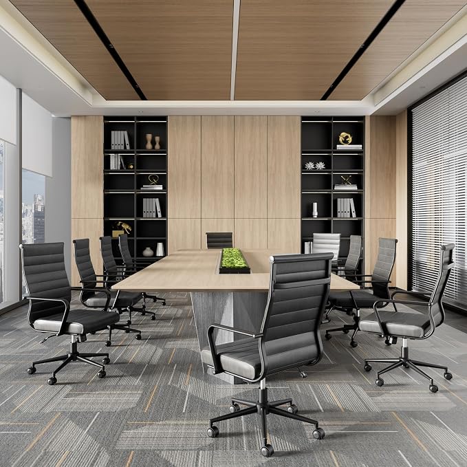 Okeysen Genuine Leather Office Desk Chair, Mid-Century Modern Real Leather Conference Room Chairs, Ergonomic Executive Ribbed Height Adjustable Swivel Rolling Chair for Home Office.