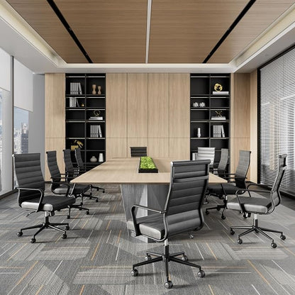 Okeysen Genuine Leather Office Desk Chair, Mid-Century Modern Real Leather Conference Room Chairs, Ergonomic Executive Ribbed Height Adjustable Swivel Rolling Chair for Home Office.