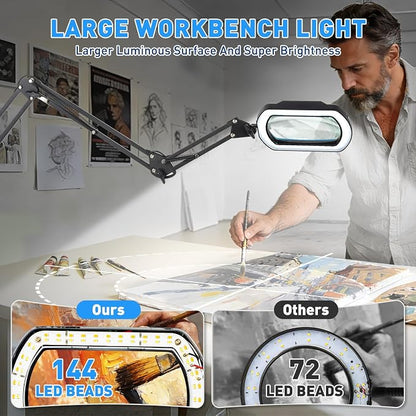 HITTI 12X Square Magnifying Glass with Light and Clamp, Hands-Free Lighted Stand with Ultra Long 3-Section Arm | 5 Color Modes & Stepless Dimming LED Desk Lamp for Workbench,Modelling,Puzzle-Blue