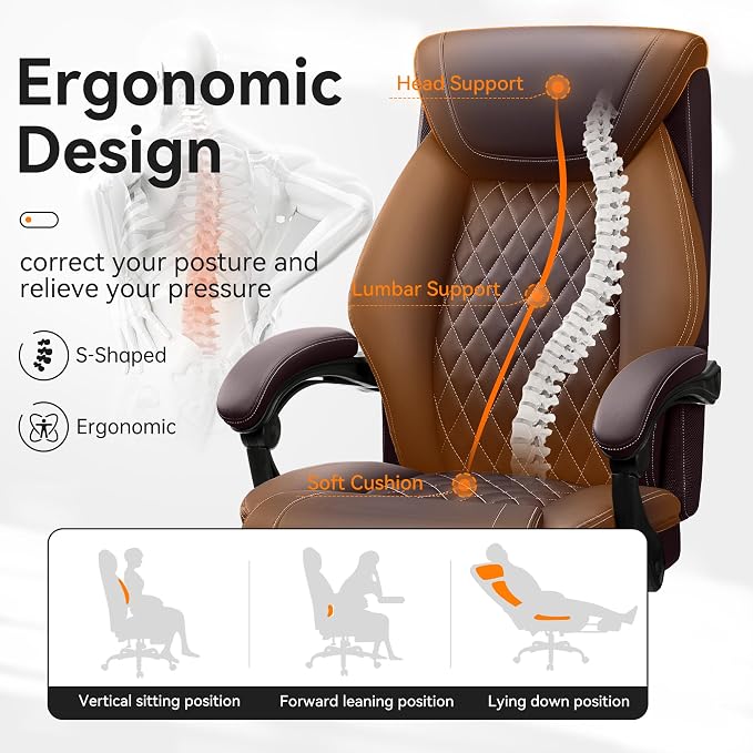 BestGlory Office Chair, Executive Leather Chair Adjustable High Back, Computer Desk Chair Lumbar Support, Big and Tall Office Chair with Footrest, Comfy Reclining Chair for Home Office