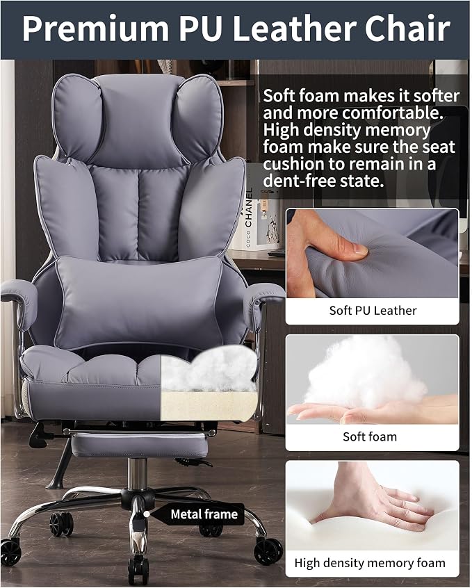 Efomao Big and Tall Office Chair 440LBS, Purple Heavy Duty Executive Chair with Footrest, Ergonomic Desk Chair for Home Office, Wide Computer Chair | 400lbs support, 135° recline, dual-layer foam cushion, 23.5" seat & footrest. BIFMA