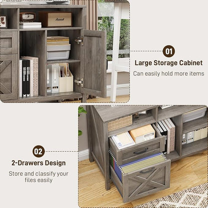 Befrases Farmhouse File Cabinet with Doors, Lateral Filing Cabinet with 2 Drawers for Letter/A4 Size Hanging Files, Large Wooden Printer Stand with Open Shelf for Home Office, Rustic Grey