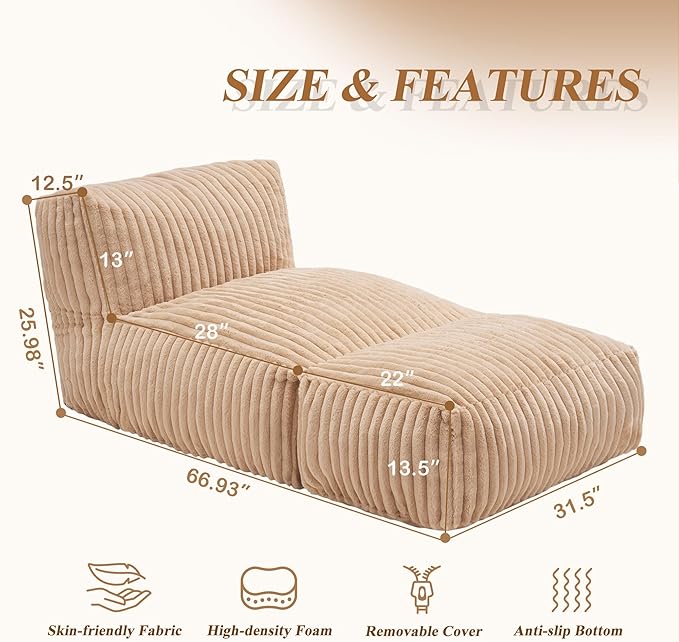 Hobestluk Giant Memory Foam Bean Bag Chairs Sofa for Adults (Khaki,Large) | Soft Fabric,Ergonomic Back Support,Lightweight,Easy Clean,No Assembly,Wear-resisting,For Livingroom Guest room,Well-looking