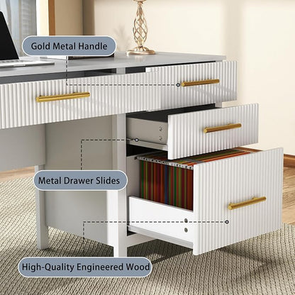 Fluted Executive Desk with Drawers: 54" White Home Office Desks with File Drawers, Modern Computer Desk with Gold Handles, Writing Table for Study, Living Room (White, 54")