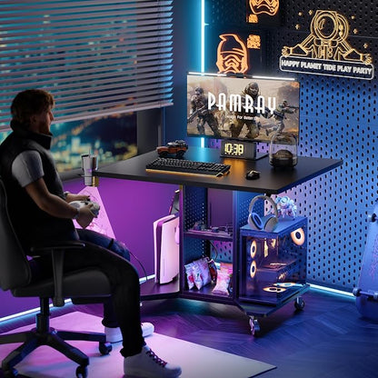 Pamray Small Gaming Desk Rolling Computer Table Balck | Movable, with Led Lights Power Outlets, with Storage Pegboard and Hook, Sturdy, Suitable for Study Gaming Bedroom Dorm